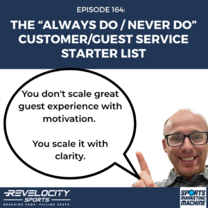 Most sports teams don't have a customer service problem — they have a consistency problem. In this tactical episode, Jeremy Neisser walks through exactly how to build a simple "Always Do / Never Do" list that your entire organization can follow to create a consistent, frictionless fan experience. You'll get starter ideas for both lists, plus a clear plan to put the framework into action across every department — from ticket sales to concessions to parking. KEY TOPICS COVERED - Why inconsistency across departments is quietly costing you ticket sales and slowing fan base growth - The real problem most teams face: not bad service, but inconsistent service across staff and departments - Why your framework should stay simple — 5 to 7 always items and 5 to 7 never items, no more - How same-day response time builds trust and keeps momentum alive with interested fans - Why making it easier for fans to buy from you directly increases conversion on tickets, groups, and packages - How giving a clear next step in every fan interaction moves people closer to a purchase - Why you should always assume fan confusion is your organization's fault — and how to fix it - The power of "Know Before You Go" emails to set up a smoother game-day experience before fans arrive - The Cheesecake Factory problem: how too many options kills decisions and slows sales - Why first-time buyers, group leaders, and season ticket holders each need a different experience - How to stop passing fans around between departments and own the problem instead - How to embed your Always / Never list into staff meetings, training, name tags, concession stands, and daily operations